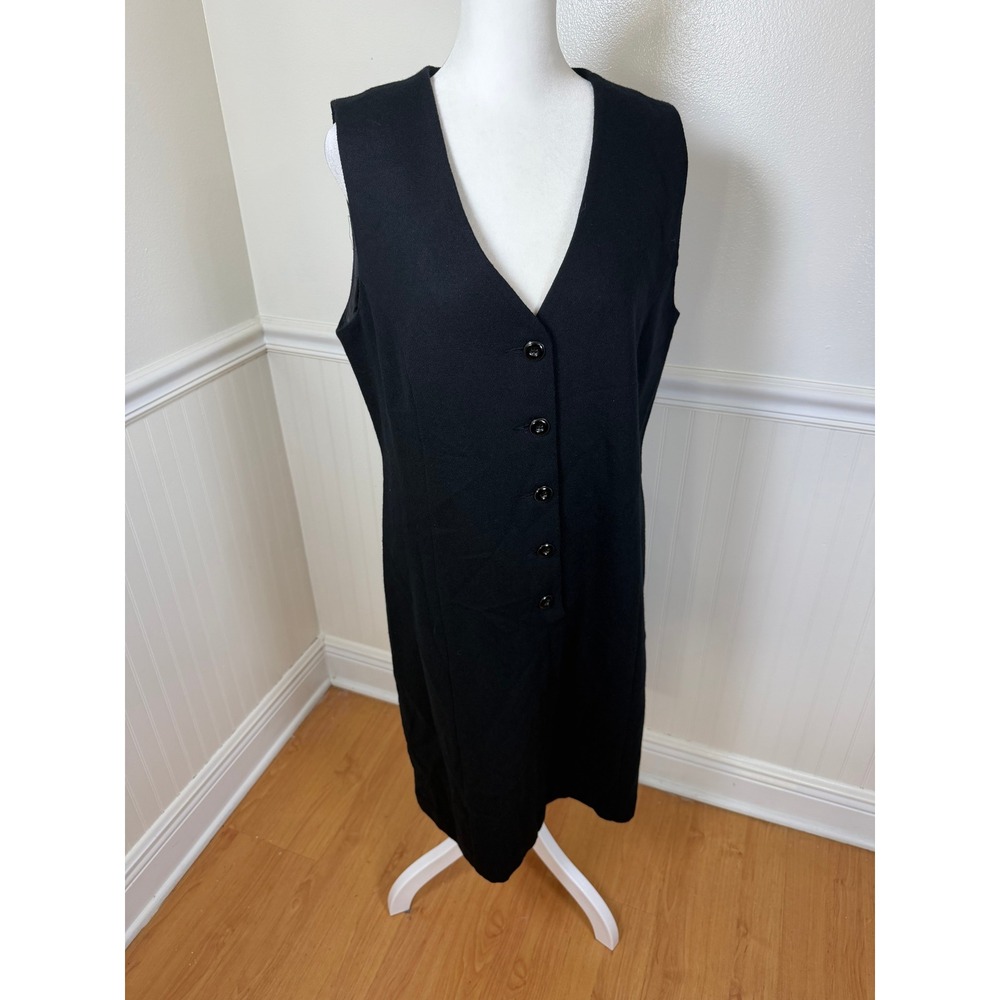 Worthington Wool Button Front Dress Women 10 Black V-Neck Sleeveless Midi Career